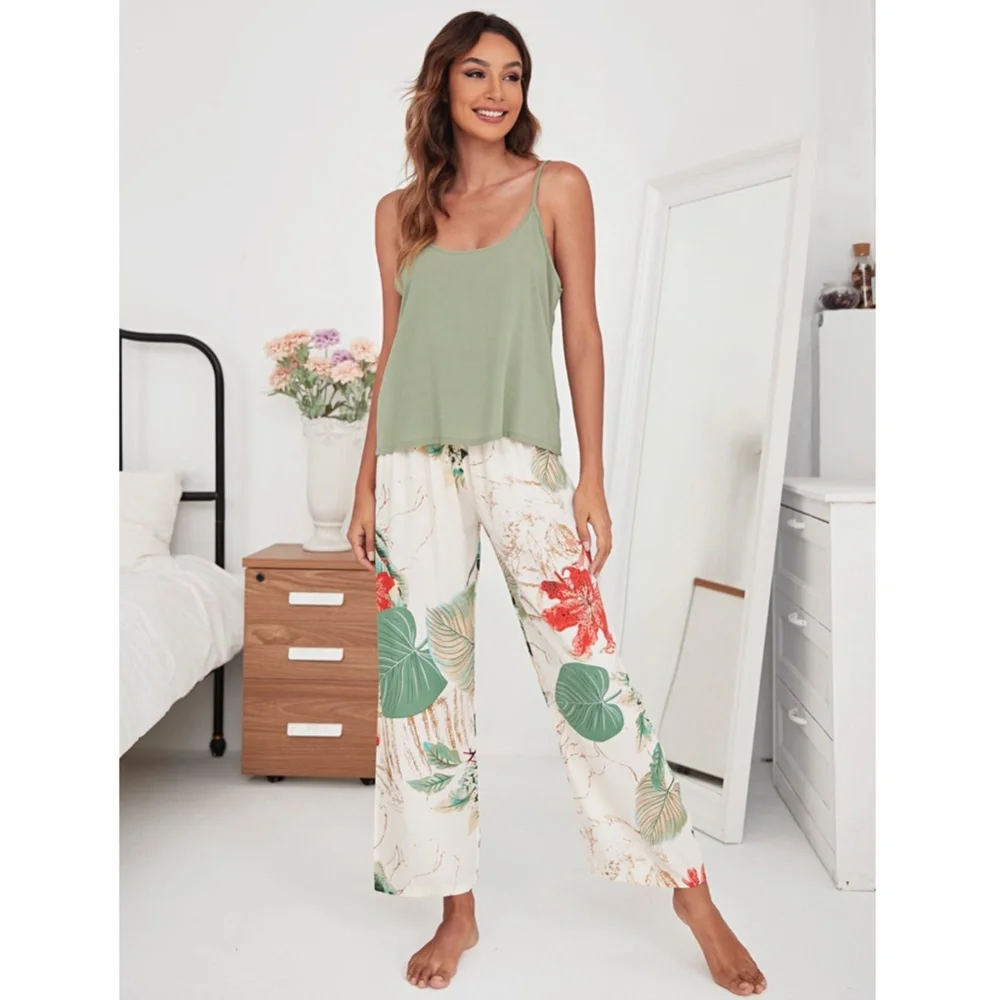 3 Piece Beige Green Floral Print Pajama Set - Picture 3 of 9